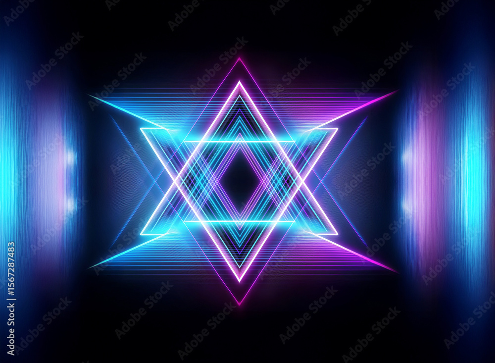 Poster a vibrant neon geometric shape glows with blue and purple lights against a dark background. abstract