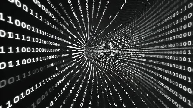 Digital tunnel of binary code representing data flow in a futuristic cyber environment