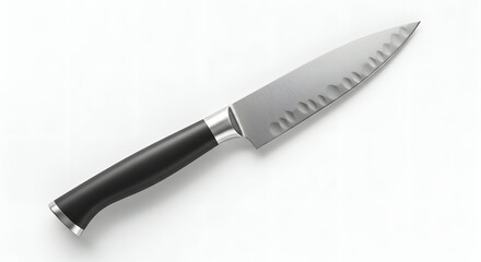 Obraz premium Modern Santoku Chef Knife with Black Handle Isolated on White Background, Essential Kitchen Tool for Culinary Preparation