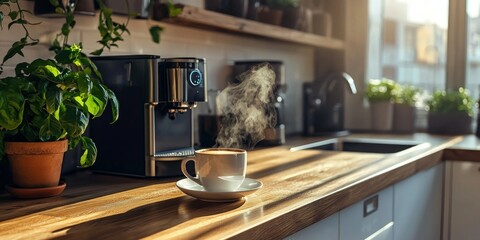 A cozy home kitchen with a steaming cup of coffee placed on a wooden countertop near a coffee machine