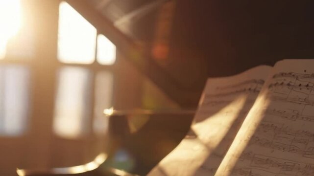 A piano with sheet music in golden sunlight creates a peaceful mood, showing classical music practice, culture, and timeless melody at rest