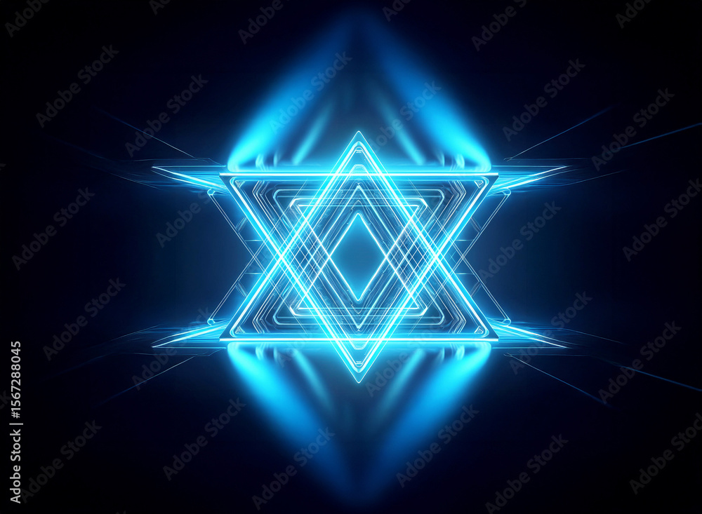 Poster abstract geometric shape with glowing blue light, creating a futuristic and ethereal effect against 