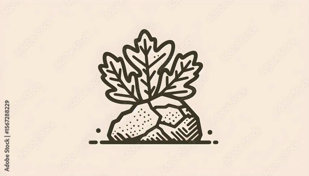 Poster oak leaf overlapping a sturdy boulder icon on beige backdrop showing durable environment in minimal 
