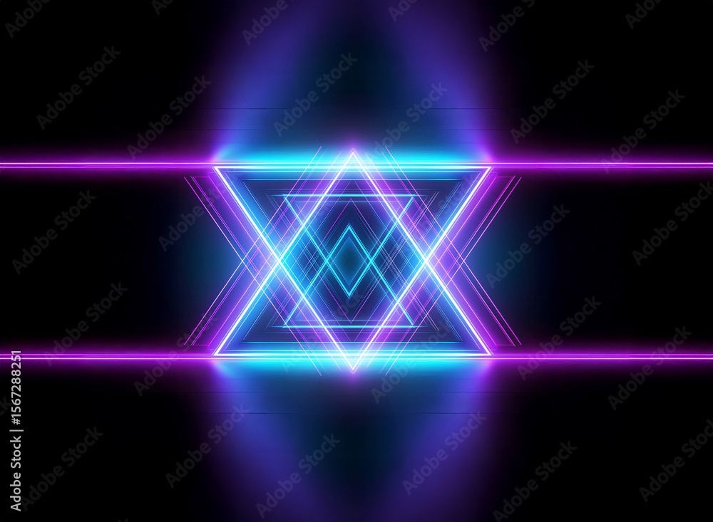 Poster neon geometric figure with vibrant blue and purple glowing lines on a dark backdrop. abstract design