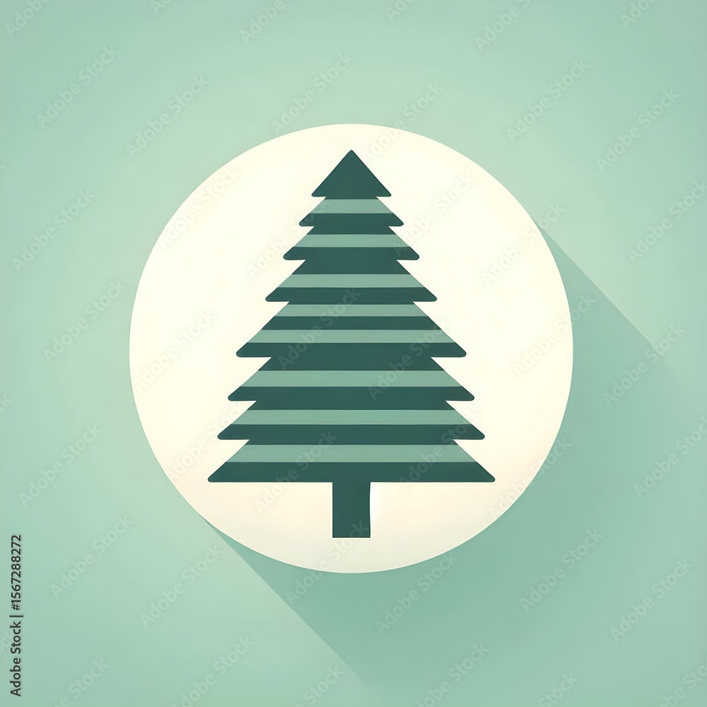 Poster evergreen pine tree icon with classic triangular layers on light green backdrop for eco nature and r