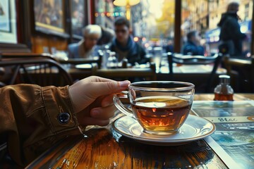 Cup of tea on the table in a Parisian cafe, Ai generated
