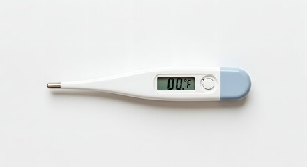 Digital Medical Thermometer Displaying Zero on White Background, Top View of Healthcare Device for Temperature Measurement