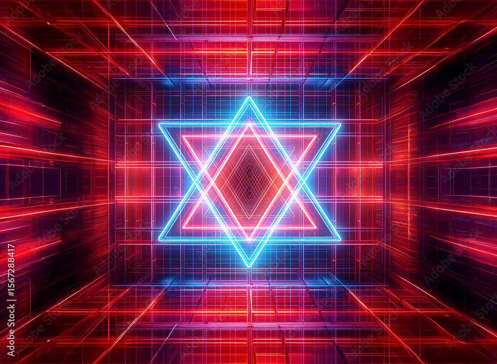 Poster a glowing geometric star shape, composed of neon blue and red lines, appears to float within a vibra