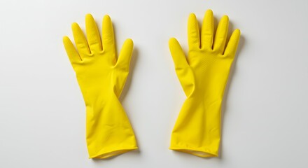 Pair of Bright Yellow Rubber Cleaning Gloves Isolated on White Background, Top View