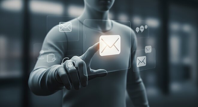 Futuristic Email Interface: Person Interacting with Digital Messaging Icons.