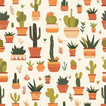 Succulents arranged in terracotta pots in flat vector design style, earth tones, seamless repeatable texture for backgrounds, wallpapers or prints.
