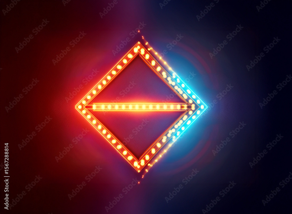 Poster illuminated diamond form with vibrant red and blue lights creating a glowing effect. features a brig