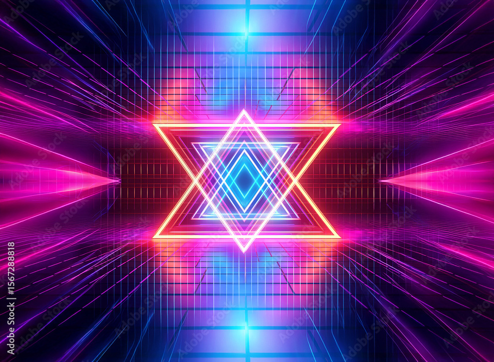 Poster a vibrant geometric design featuring a central neon triangle shape with glowing pink and blue lines 