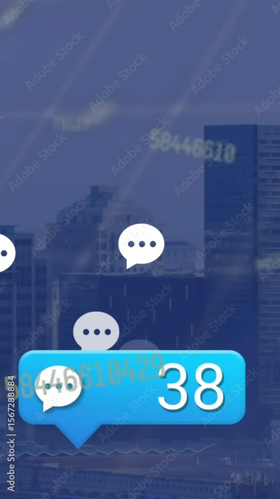 Aufkleber animation of social media numbers and icons and data processing ove cityscape in background