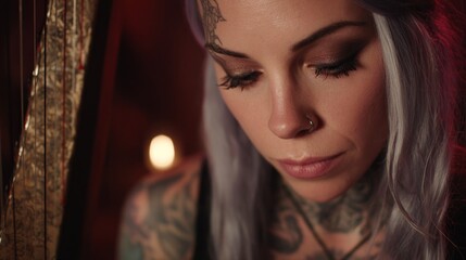 Close-up woman with tattoos and harp