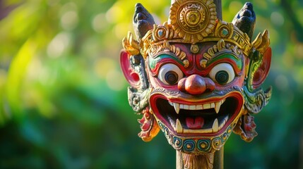 Fototapeta premium Colorful Balinese Demon Mask Against Green Background