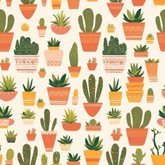 Succulents arranged in terracotta pots in flat vector design style, earth tones, seamless repeatable texture for backgrounds, wallpapers or prints.
