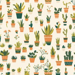 Succulents arranged in terracotta pots in flat vector design style, earth tones, seamless repeatable texture for backgrounds, wallpapers or prints.
