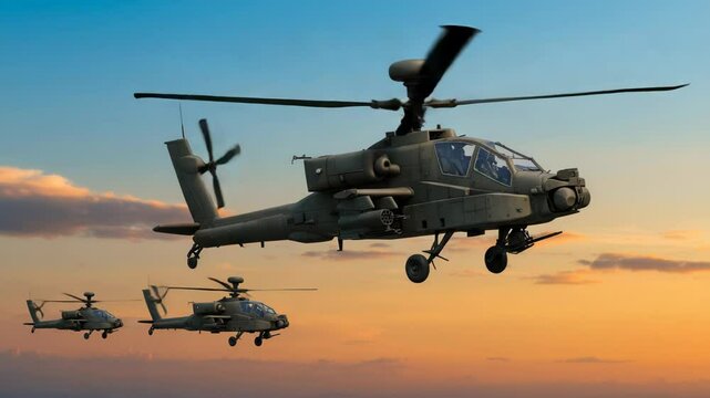 Three military helicopters fly in formation against a colorful sky