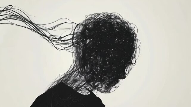Silhouette of a person with chaotic lines as hair, side profile. Abstract art style, low-angle shot. Concept for a creative video project.
