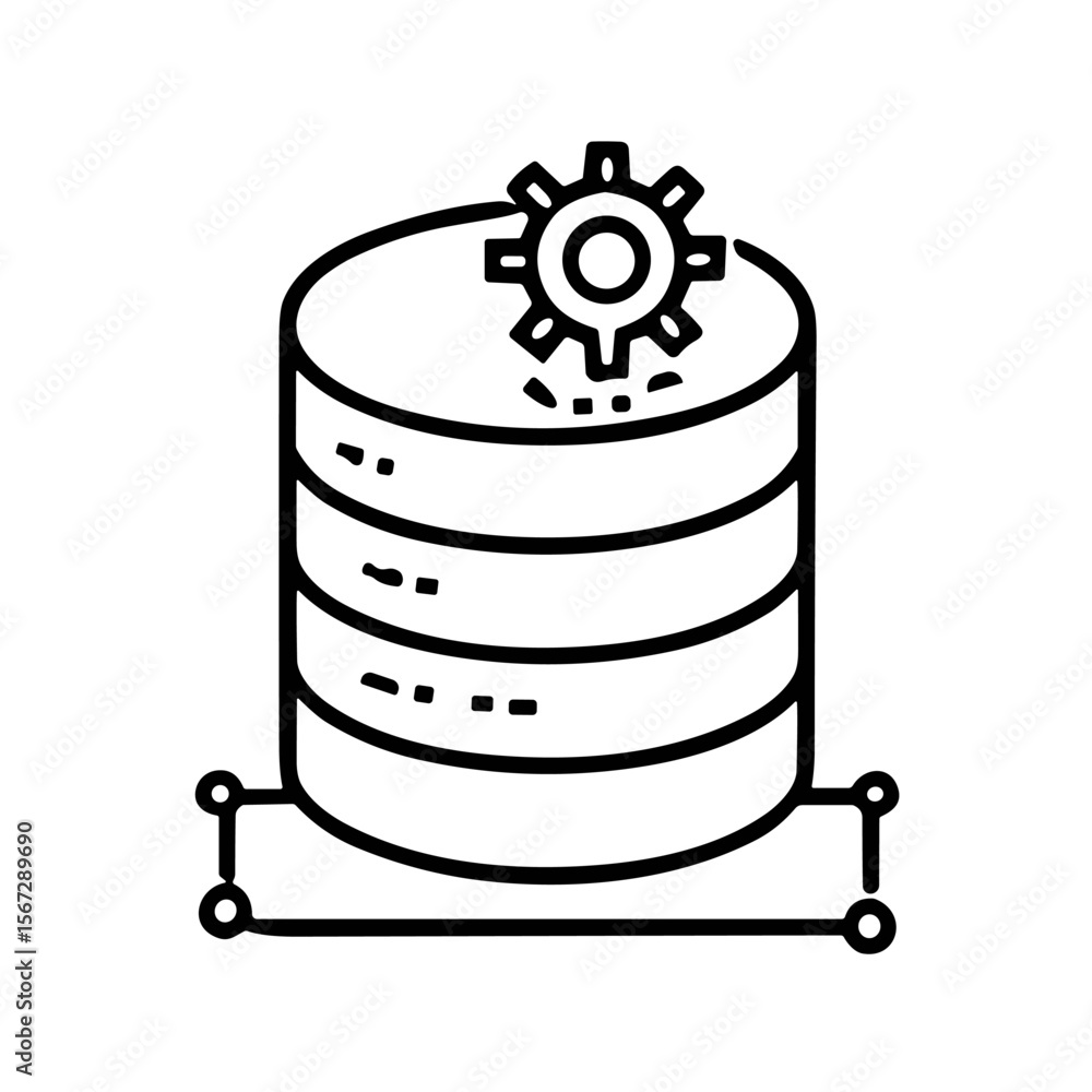 Poster a stylized icon depicting a database server with a gear on top, resting on a platform.