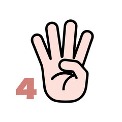 Obraz premium Icon illustration with simple lines. Pointing finger 4. Number 4.
