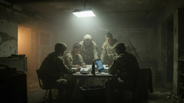 A group of soldiers are planning a military strategy in a dark room