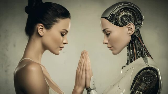 お互いに手を合わせる人物とロボット