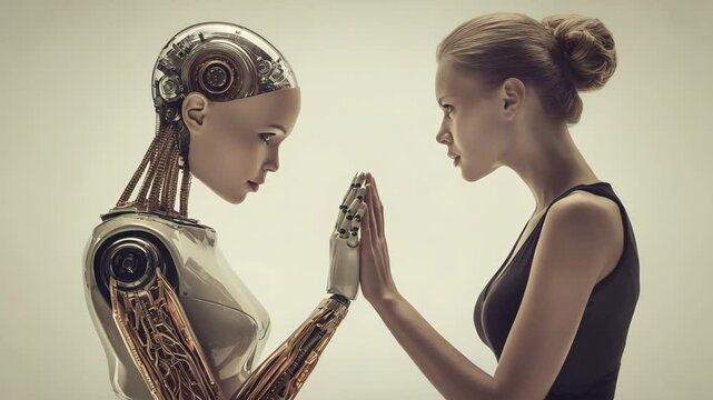 お互いに手を合わせる人物とロボット