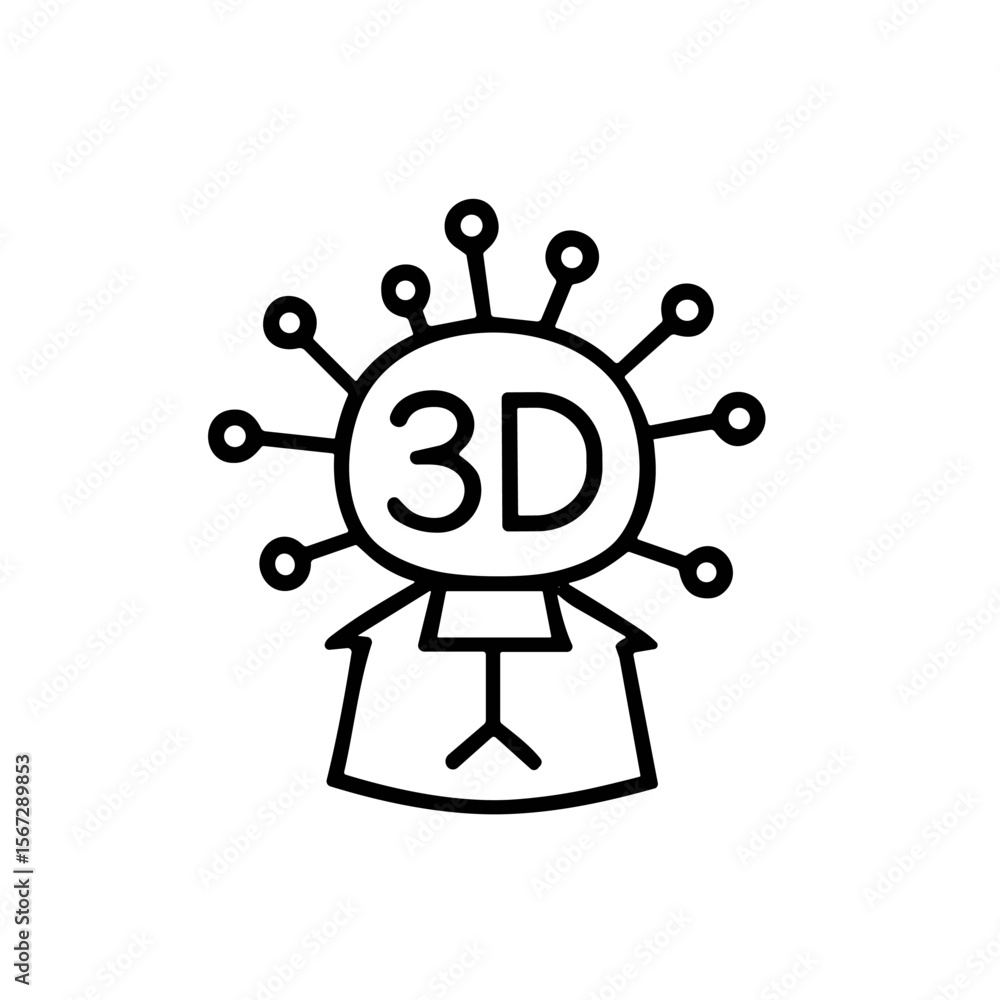 Poster abstract graphic of a figure emerging from a box with a 3d-labeled, spiky sphere as its head.