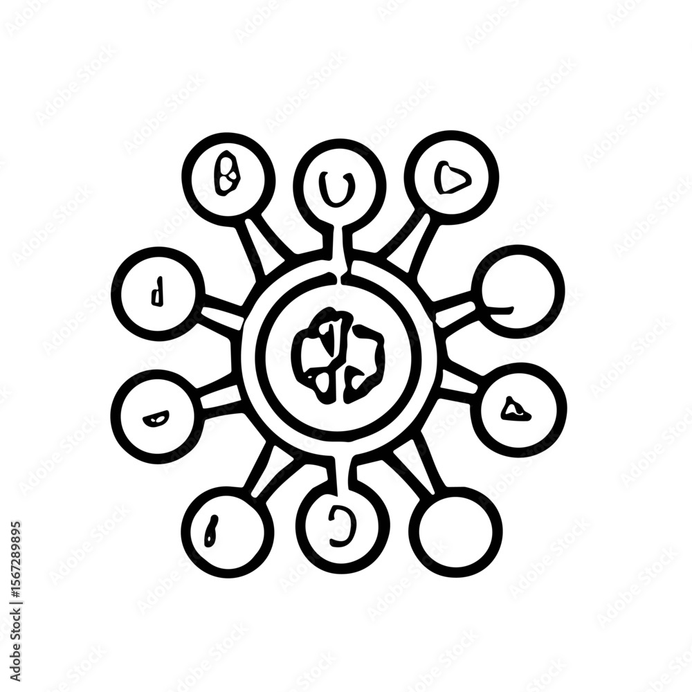 Poster stylized drawing of a circular figure with radiating lines connecting to smaller circles, each conta