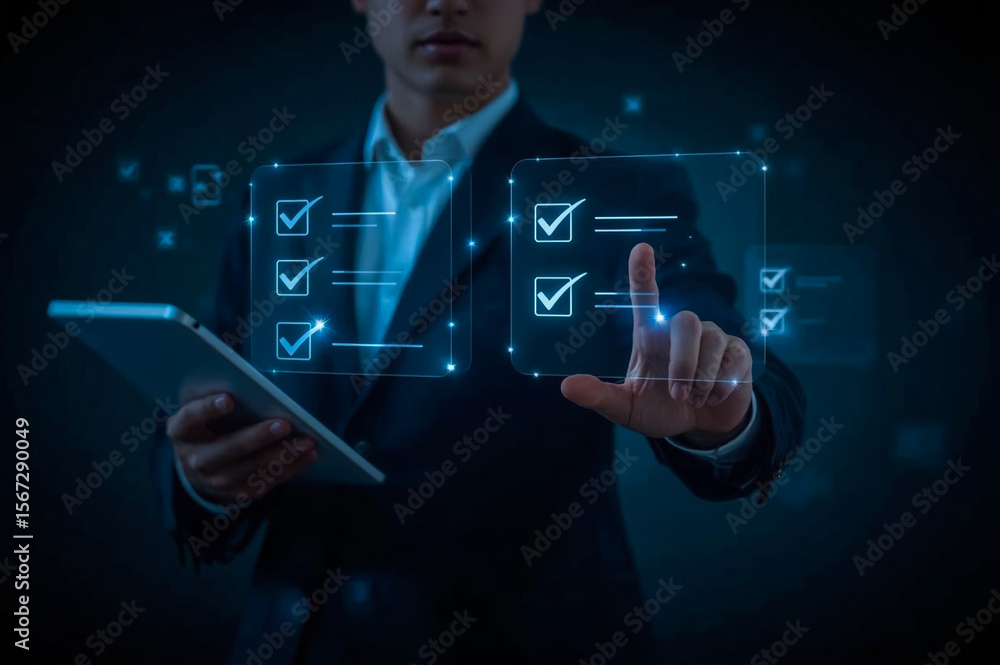 Poster businessman finger selecting checklist item on virtual interface, representing task management, prod
