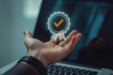 An icon in the hands of a businessman, a customer trust concept that influences marketing and strategic planning to build reputation and trust, which represents product standards and quality. 