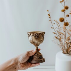 Female hand holding a golden trophy cup on a white background, Ai Generated