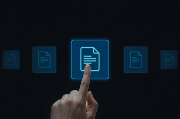 Document management concept, Businessman hands holding document management icon on virtual screen, Document Management System and process automation to efficiently document paperless operate.