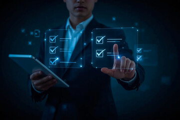 Businessman finger selecting checklist item on virtual interface, representing task management, productivity, planning, decision making, and digital workflow in modern business.