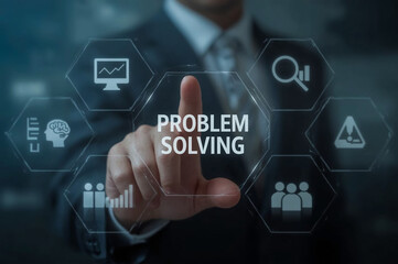 Problem solving concept, Businessman hand touching problem solving icon on virtual screen. Business person concentrated on critical thinking.