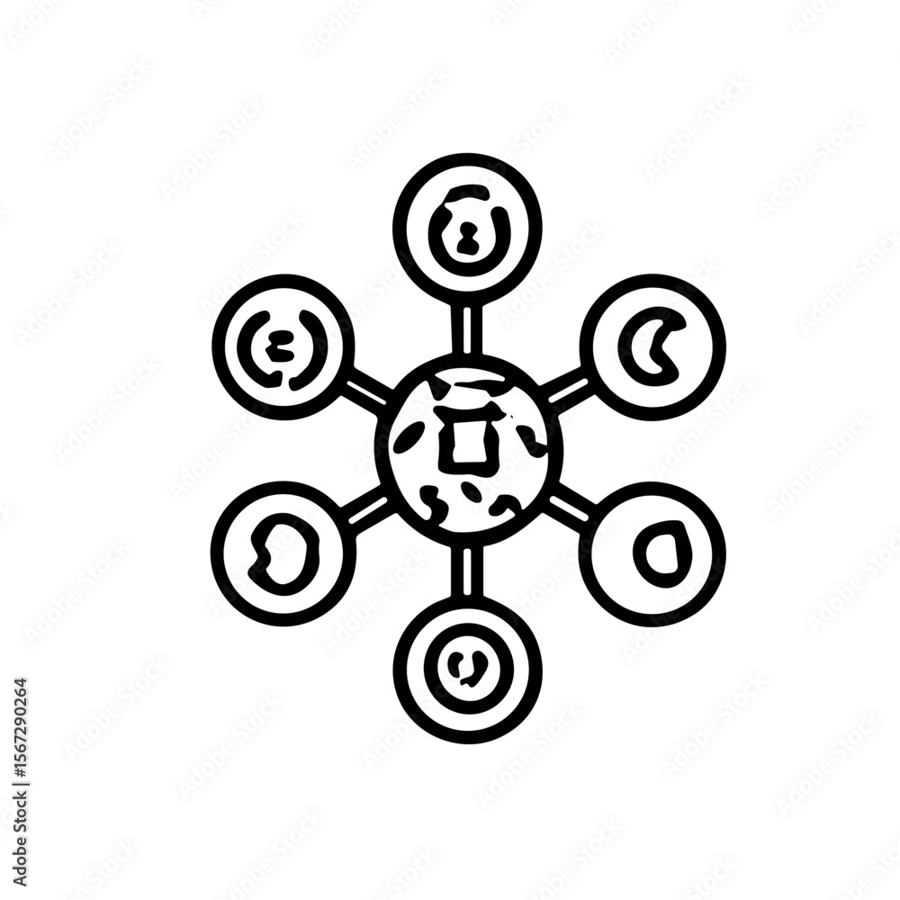 Poster a black and white graphic design of interconnected circles representing global interconnectedness an