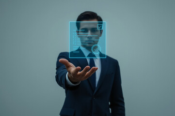 Digital illustration of a professional certification concept with a glowing document and checkmark symbol held by a businessman.