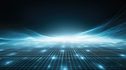 Abstract futuristic tech background with glowing blue light waves, grid pattern, and dark backdrop – ideal for wallpaper, poster, digital innovation, data science, and cyber themes