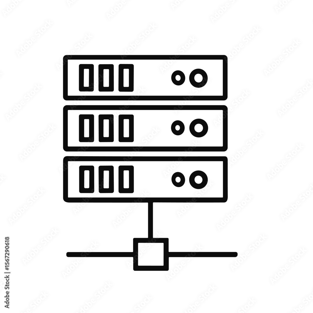 Poster a simple line drawing depicting a network server with three stacked units connected to a network.