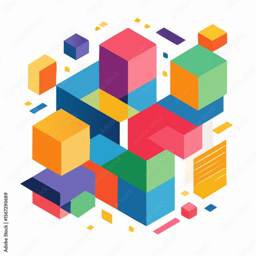 Aufkleber abstract geometric composition with colorful cubes and rectangles arranged in an isometric perspecti