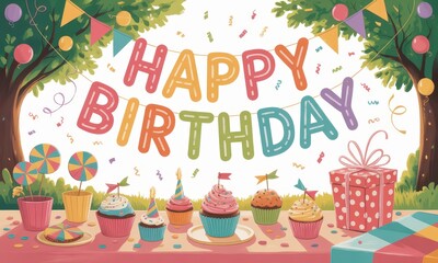 Fototapeta premium Colorful birthday party scene with cupcakes and decorations