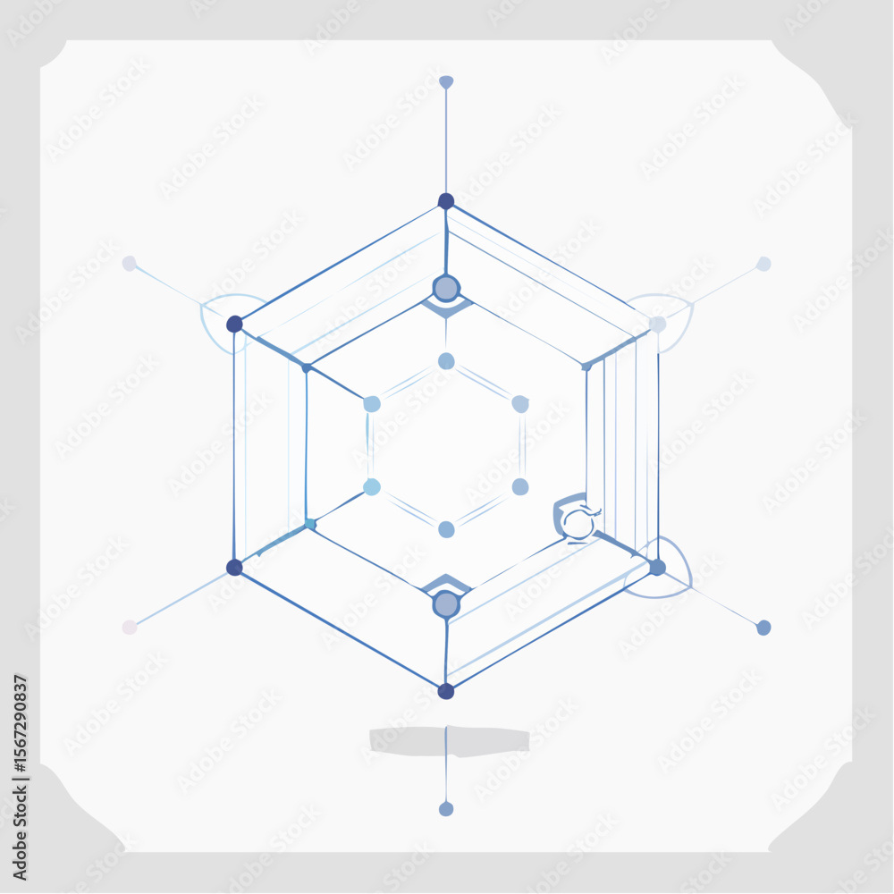 Poster abstract geometric illustration featuring a blue hexagon structure with connecting lines and points,
