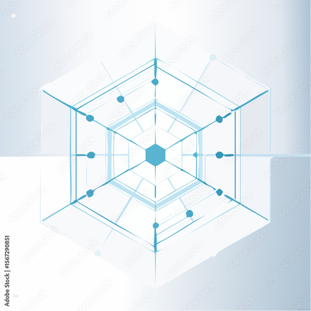 Poster abstract graphic design of a light blue, hexagonal, 3d cube with connecting lines and dots.
