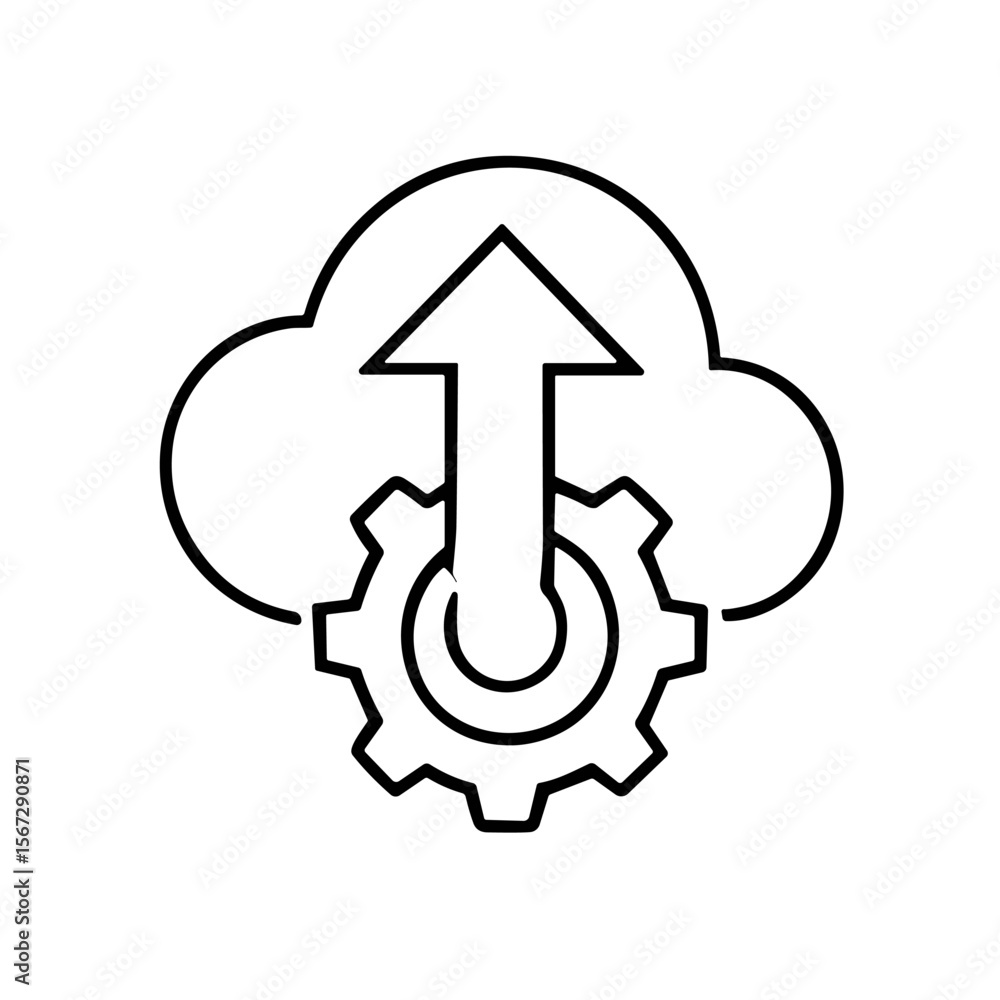 Poster cloud computing icon, showing upward data transfer and system configuration.