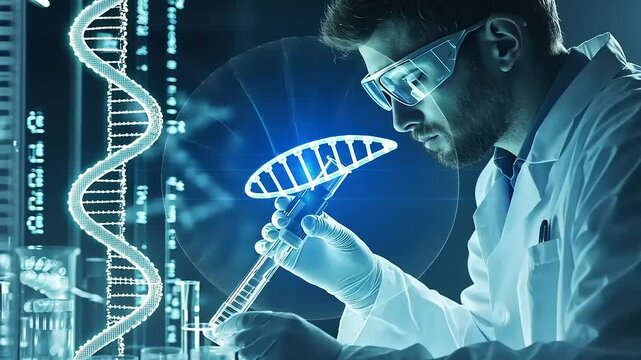 Scientist analyzing DNA structure in laboratory with advanced technology and glowing elements in background - Powered by Adobe