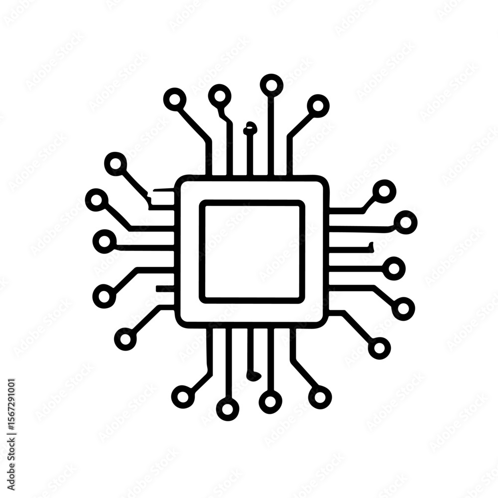Poster simple line drawing of a microchip, showcasing its circuitry and central processing unit.