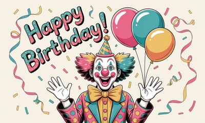 Fototapeta premium Happy birthday clown illustration with balloons and confetti