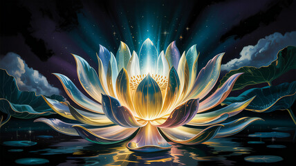 Glowing Lotus Flower in Night Sky Digital Art